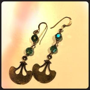 Beautiful Bronzed danglers with teal crystals